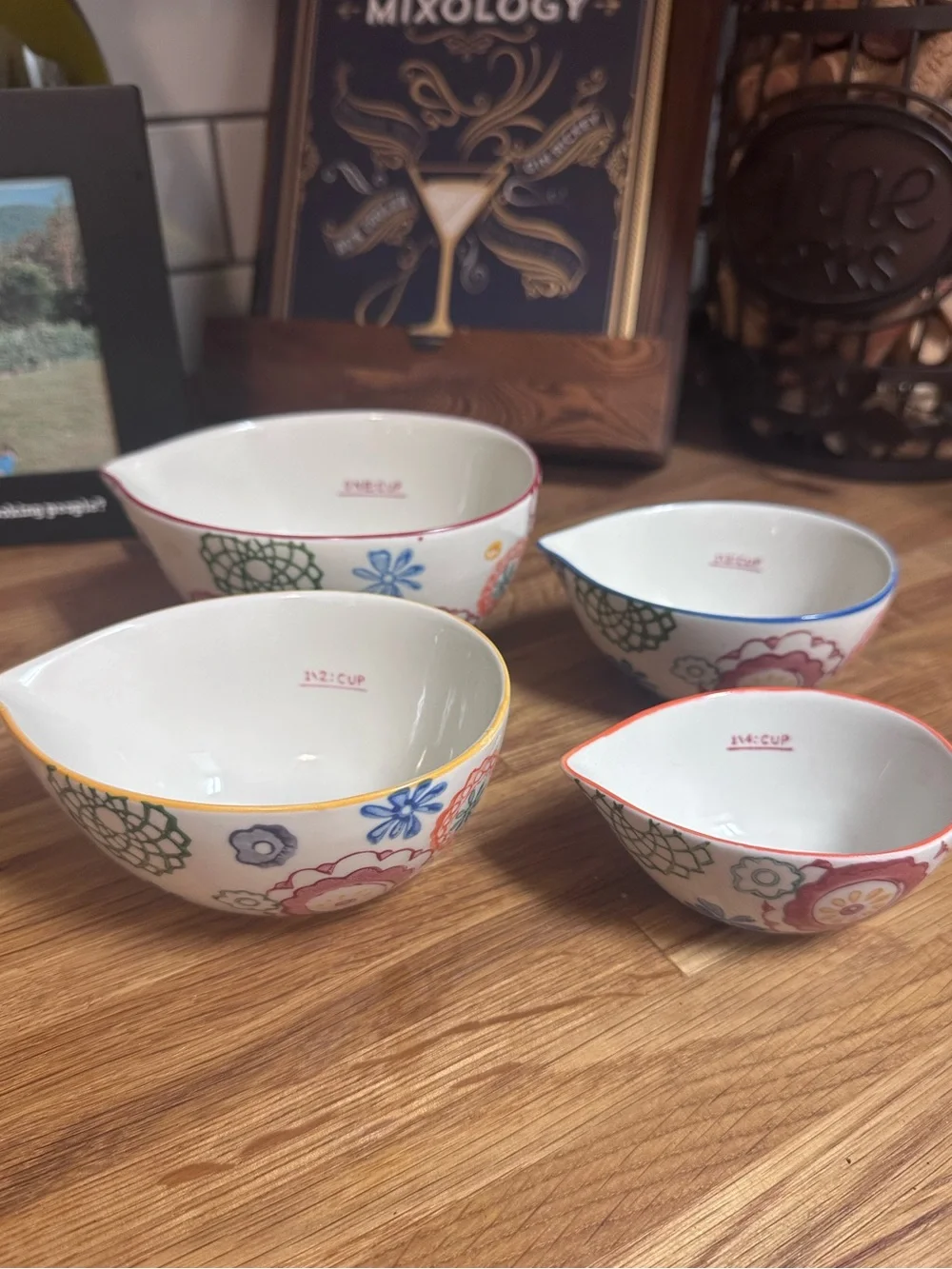 Pier 1 Nesting Measuring Bowls - White with Red, Blue, Yellow, Green Accents